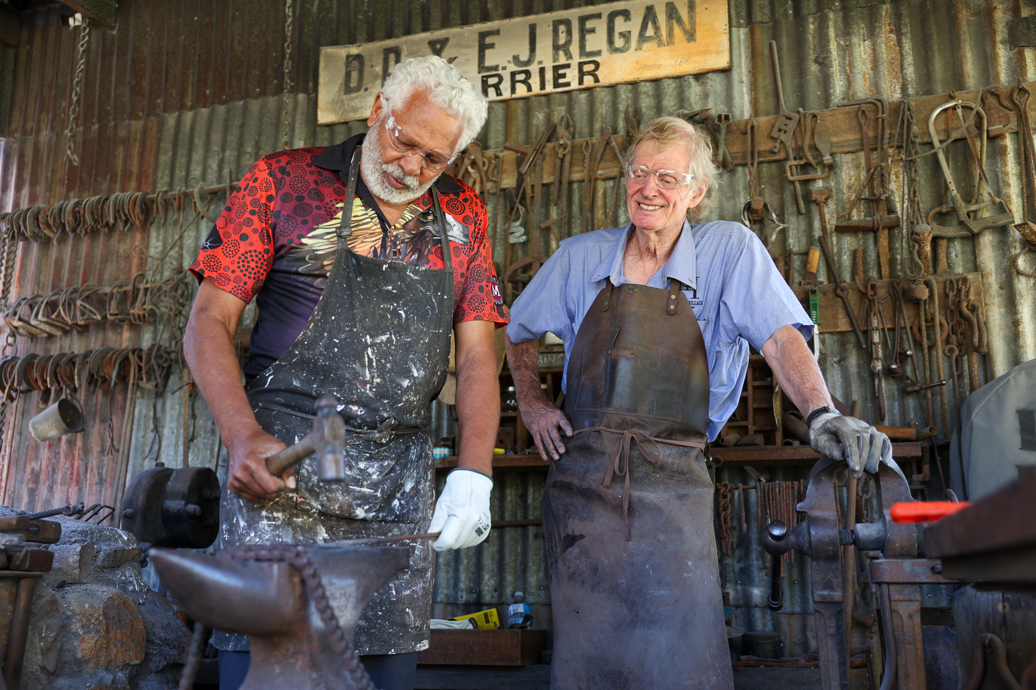 Ernie Dingo with Darryl Cooper Historic Village Herberton blacksmith. Image credit SBS + NITV